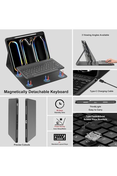 HYX Keyboard Case for iPad Pro 13-inch (M4) 2024 - Detachable Wireless Keyboard, Black