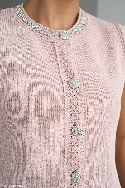 BZ BUTİK Powder Vest with Stone Collar and Button Details