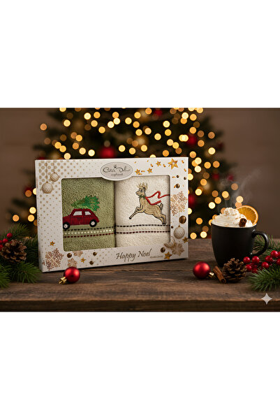 Coton Delux Yılbaşı Temalı 2’li Nakışlı El Havlusu Seti (40x60 cm) –%100 Pamuklu - Hediyelik & Dekoratif