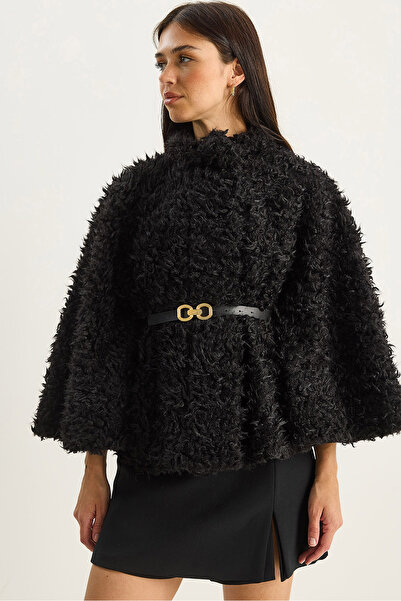 Bianco Lucci Women's Belt Detailed Soft Textured Plush Poncho 2817 60281120