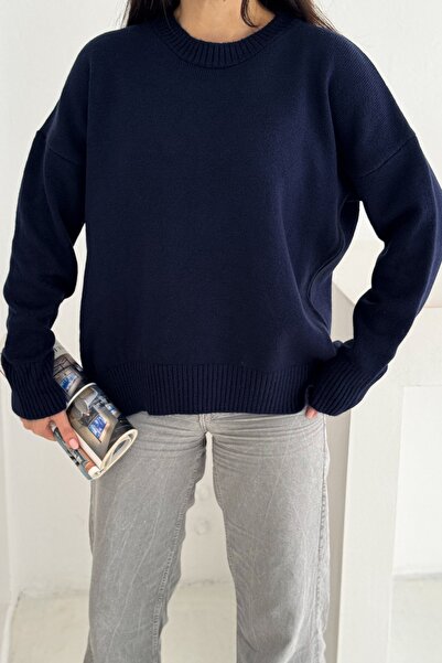 FEMELLE Women's Navy Blue Standard Size Oversized Basic Knitwear Sweater