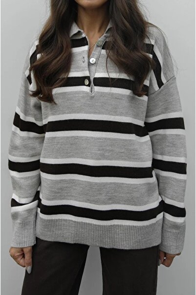 solena sln Women's New Season Striped Polo Neck Knitwear Sweater