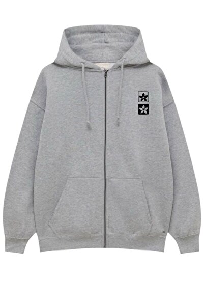 Sebesta Fashion New Season Zippered 3-Ply Cotton Grey Printed Sweatshirt