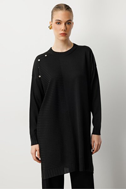 accort Omzu Düğme Detaylı Triko Tunik-SİYAH