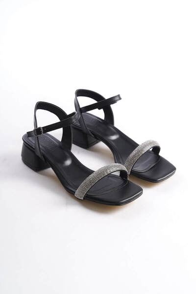 TRENDELLA Laura Thick Heeled Stone Women's Black Sandals