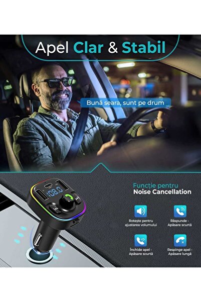 Timebox Încărcător auto rapid cu modulator FM hands-free QC3.0, USB-C, Bluetooth 5.0, negru