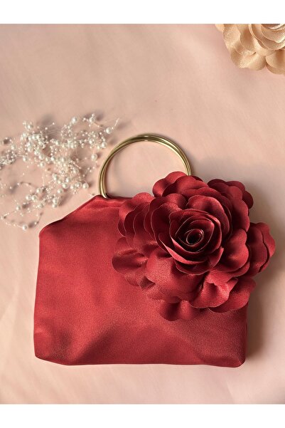 GUSTELLO Burgundy Gold Metal Handle 3D Rose Motif Flower Handbag |   Wedding/Invitation Packages