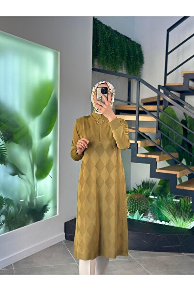 Armine Trend Baklava Desenli MerserizeTunik 25YTD4112 Yağ Yeşili