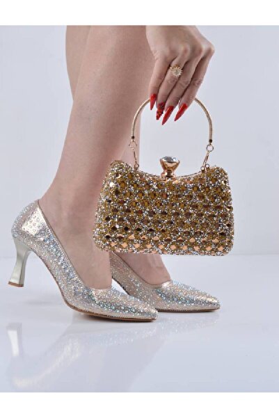 Şanslı Ayakkabıcılık Yellow Plaster Stone Champagne Heel Evening Dress Shoes ...