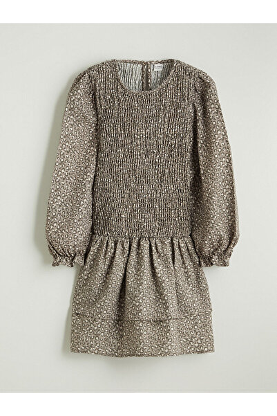 LC Waikiki Φόρεμα για κορίτσια με μοτίβο με λαιμόκοψη LCW Kids Brown