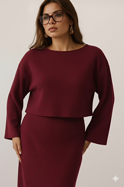 missamour Women's Basic Burgundy Ribbed Skirt Two-Piece Set