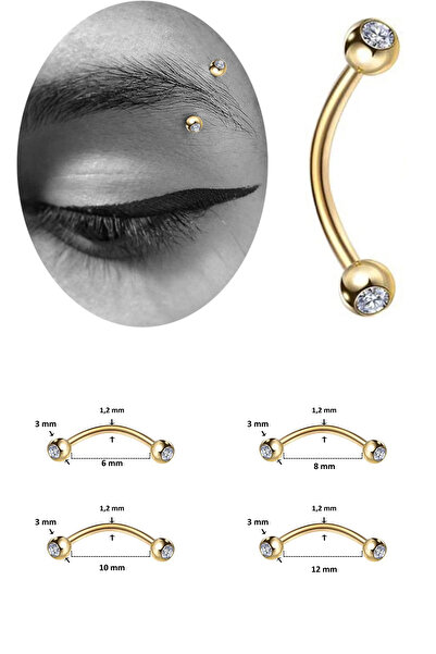 Cadının Dükkanı 3 mm Taşlı Gold Çelik Banana Piercing-Kaş,Rook,Daith,Snug,Sur...