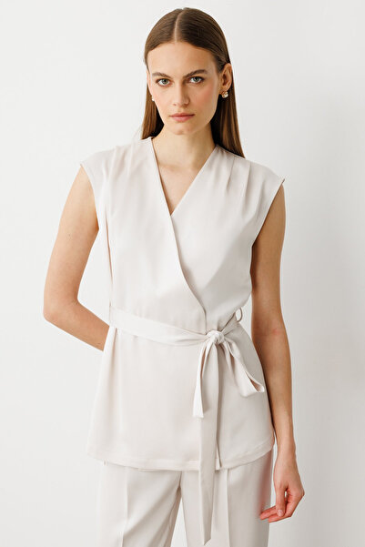 Ekol Women's Waist Belted Satin Vest 4158 Pearl