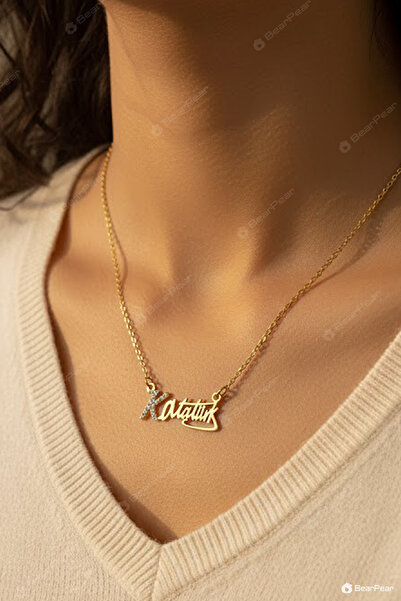 BearPear Atatürk İmzası Kolye Zirkon Taşlı Paslanmaz Çelik Kadın Kolyesi