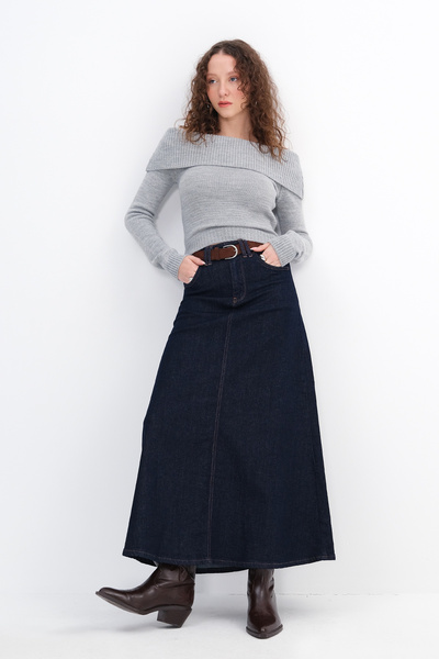 Addax Long Denim Skirt with Belt E989