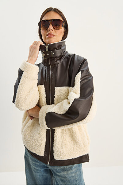 Bianco Lucci Women's Leather Paneled Lined Pocket Detailed Plush Coat 2631 60281121