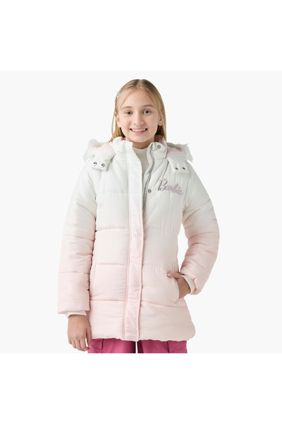 mattel Barbie Printed Light Jacket with Faux Fur Hood and Pockets