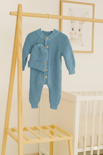 Nimini Kids Wooden Button Detailed Winter Unisex Beret Knitwear Baby Romper (...