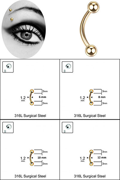 Cadının Dükkanı 3 mm Toplu Gold Çelik Banana Piercing-Kaş,Rook,Daith,Snug,Surface ve Vertical Labret