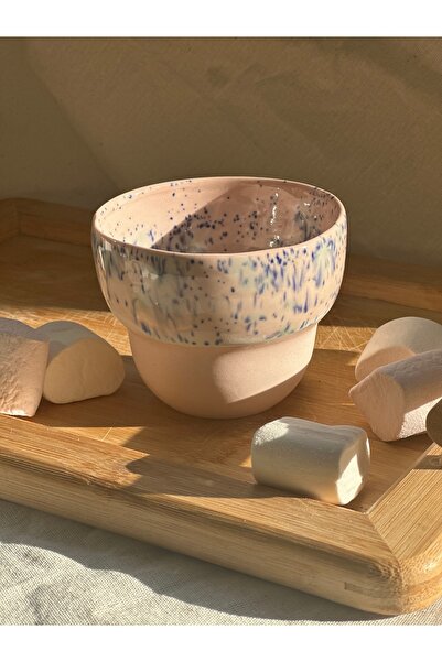Vaveyla Sanat El Yapımı Stoneware Kupa | Mat Pembe Tabanlı Mavi Sıçratma Sırl...