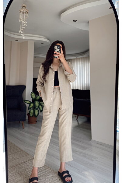 Hacer Balcı Linen Carrot Pants Shirt Two-Piece Set