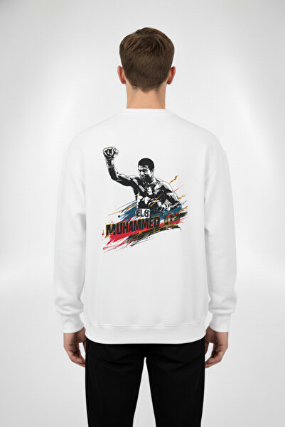 Muhammed Ali Efsane Baskılı Siyah/Beyaz Sweatshirt | Boks Streetwear Sweatshirt