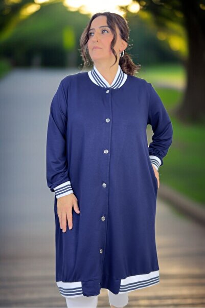 yagmurberen Snap Closure Crystal Viscose Fabric Pocketed Ribbed Plus Size Long Cap Jacket