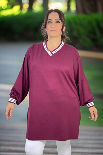yagmurberen Crystal Viscose Fabric with Slit, Attached Sleeves, Plus Size, Ribbed V-Neck Bluse