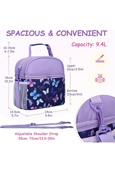 VASCHY Kids Insulated Double-Compartment Lunch Bag with Adjustable Shoulder Strap - Purple Butterfly