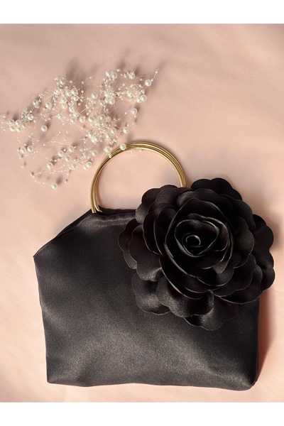 GUSTELLO Black Gold Metal D Handle 3D Rose Motif Flower Handbag |   Wedding/Invitation Packages