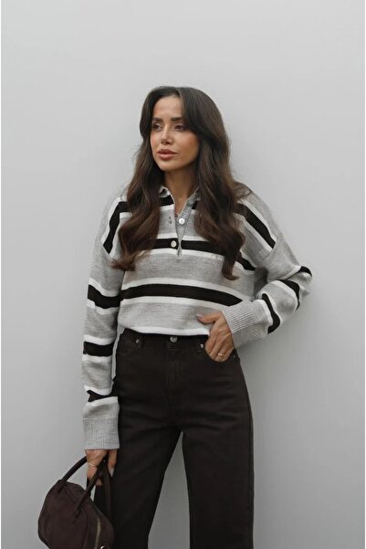 solena sln Women's New Season Striped Polo Neck Knitwear Sweater