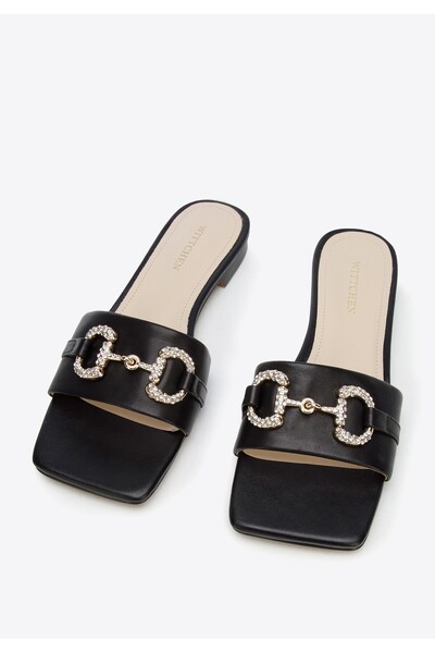 Wittchen Șlapi de damă din piele cu cataramă strălucitoare, piele neagră