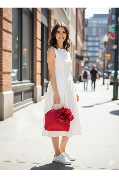 GUSTELLO Red Gold Metal D Handle 3D Rose Motif Flower Handbag |   Wedding/Invitation Packages