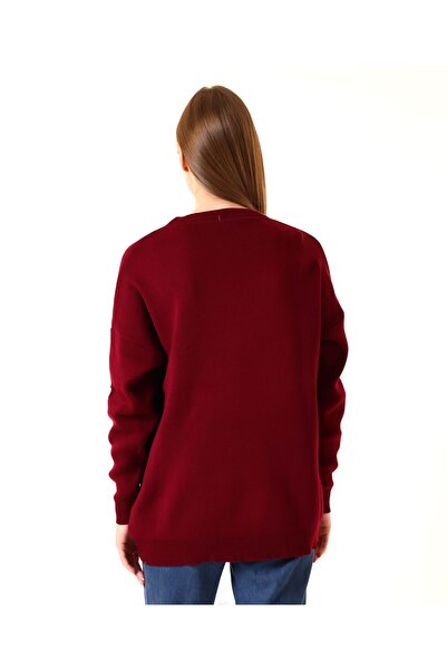 Hazinedan Women's Burgundy Embossed Heart Knitwear Long Sleeve Lover Gift Sweater