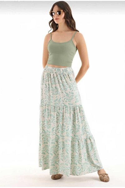 MODA Fustă lungă, elegantă, de calitate premium, cu imprimeu floral verde