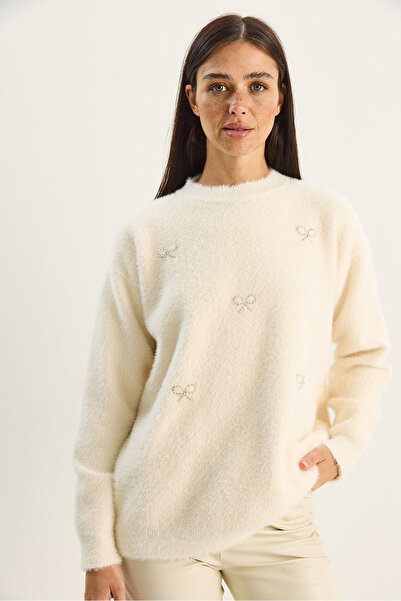 Bianco Lucci Women's Soft Textured Bearded Bow Bead Embroidered Knitwear Sweater W25029 60283749