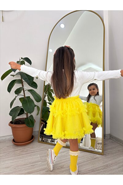 Ha-Ke Kids Kloş Çift Fırfırlı Fiyonk Detaylı Tül Kız Çocuk Etek, 4 Kat, Astarlı