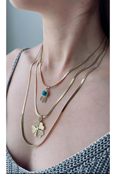 Aytozu Takı ve Aksesuar ÇELİK 3LÜ YONCA VE MAVİ TAŞLI GOLD KOLYE