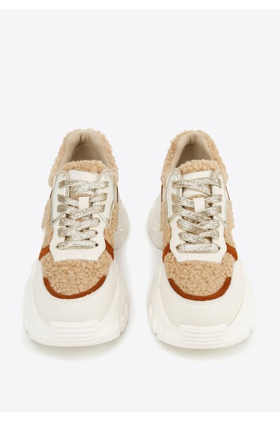 Wittchen Teniși de damă cu blană artificială, alb și bej, piele