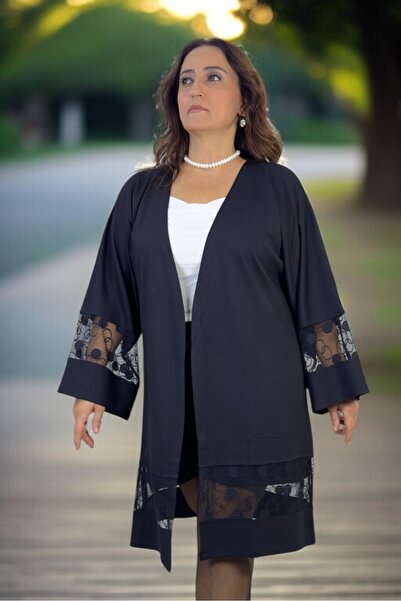 yagmurberen Lace Embroidery Detail Large Sleeve Oversized Cotton Viscose Unclosed Jacket