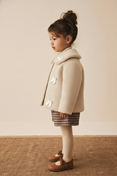 Minipodyum Peter Pan collar Girls' Plush Coat with Bow Detail and Buttons
