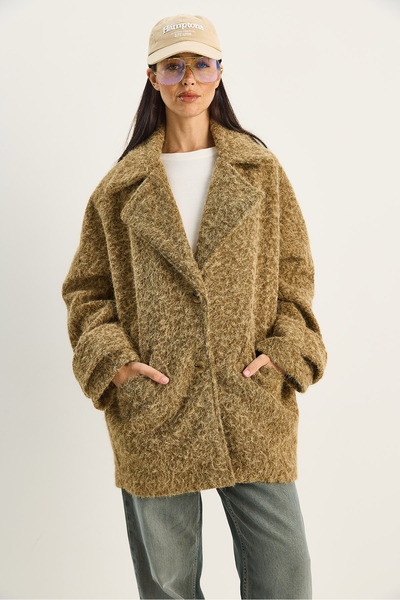 Bianco Lucci Women's Wide Collar Pocket Detailed Oversized Lined Boucle Cashmere Coat 7033 60283735