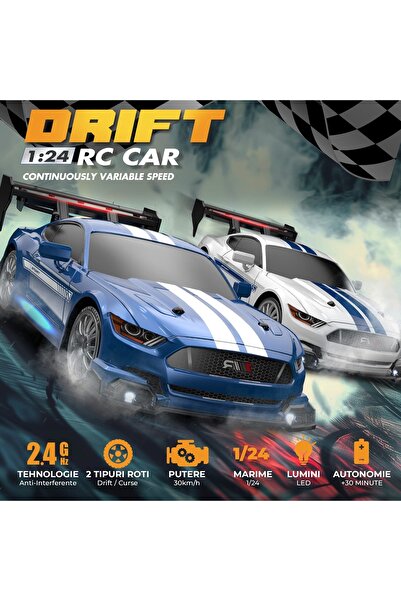 Timebox 1:24 RC Drift Car, 4x4, 30km/h, LED, Interchangeable Tires, 1 Battery, Blue