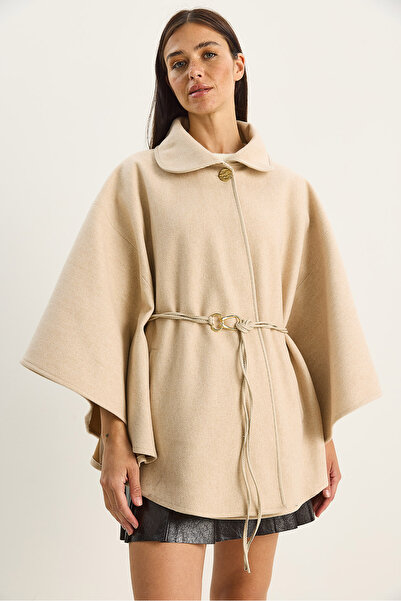 Bianco Lucci Women's Pocket Detailed Faux Leather Belted Cashmere Poncho 60282035