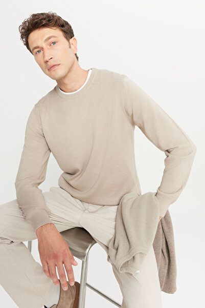 ALTINYILDIZ CLASSICS Men's Beige Wool Standard Fit Regular Cut Crew Neck Knitwear Basic Sweater