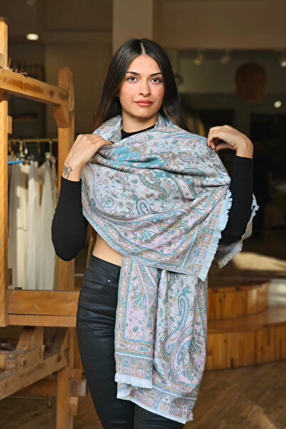 İpek Kaşmir Mavi Pembe Çok Desenli Omuz Şalı