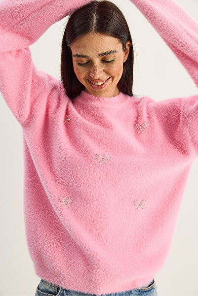 Bianco Lucci Pulover tricotat cu textura moale pentru femei, cu fundă cu barbă, cu mărgele brodate W25029 60283749