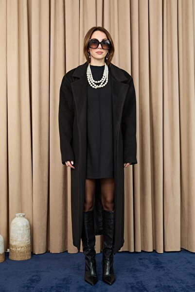 Puane Women's Double-Breasted Collar Cashmere Coat -15237Kbn - Black