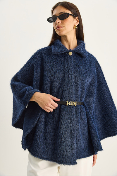 Bianco Lucci Women's Single Button Belted Bearded Soft Poncho 60282034