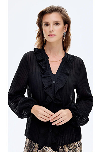 TUĞBALİ Kadın Siyah Renk Fırfırlı V Yaka Transparan Gömlek